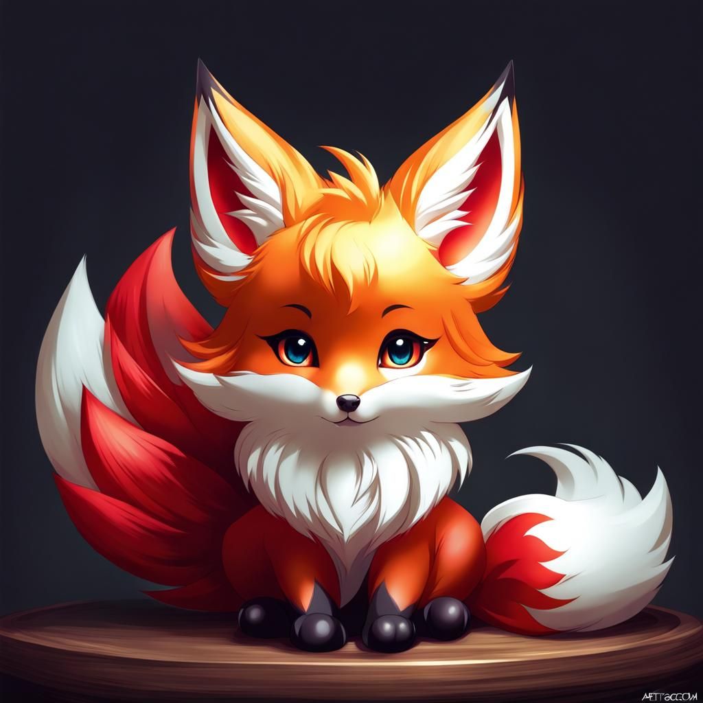 Cute Nine-Tailed Fox in Digital Painting Style