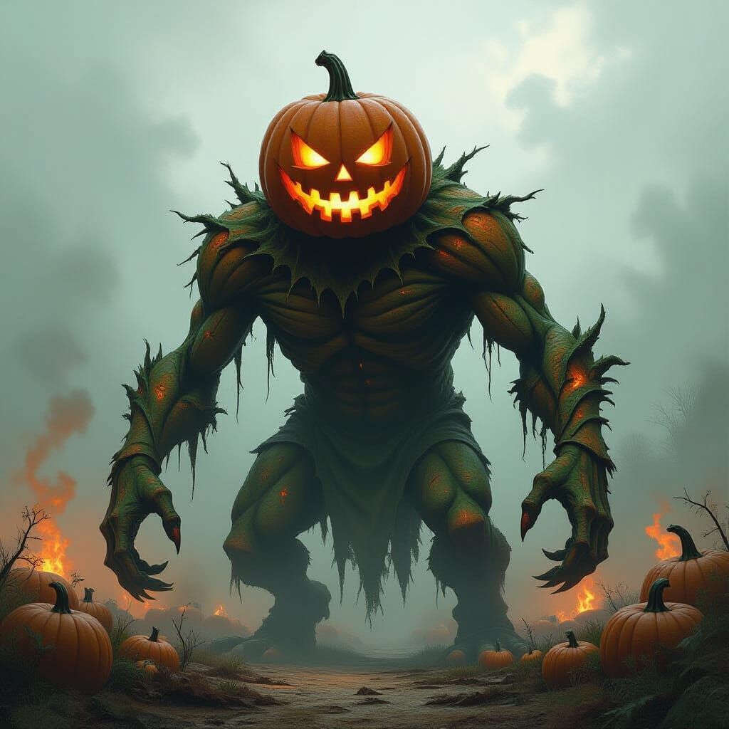 Giant Pumpkin Headed Monster in Foggy Patch
