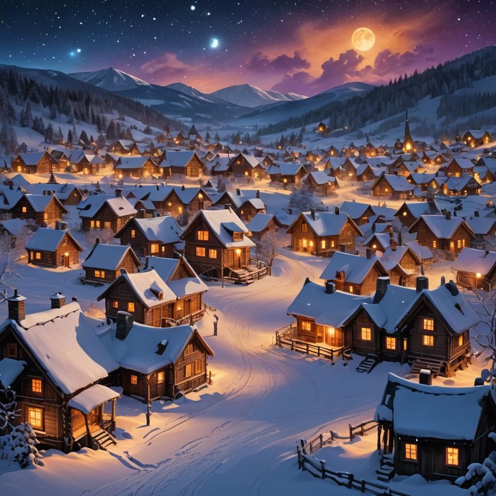 Winter Village at Night in Expressionist Style