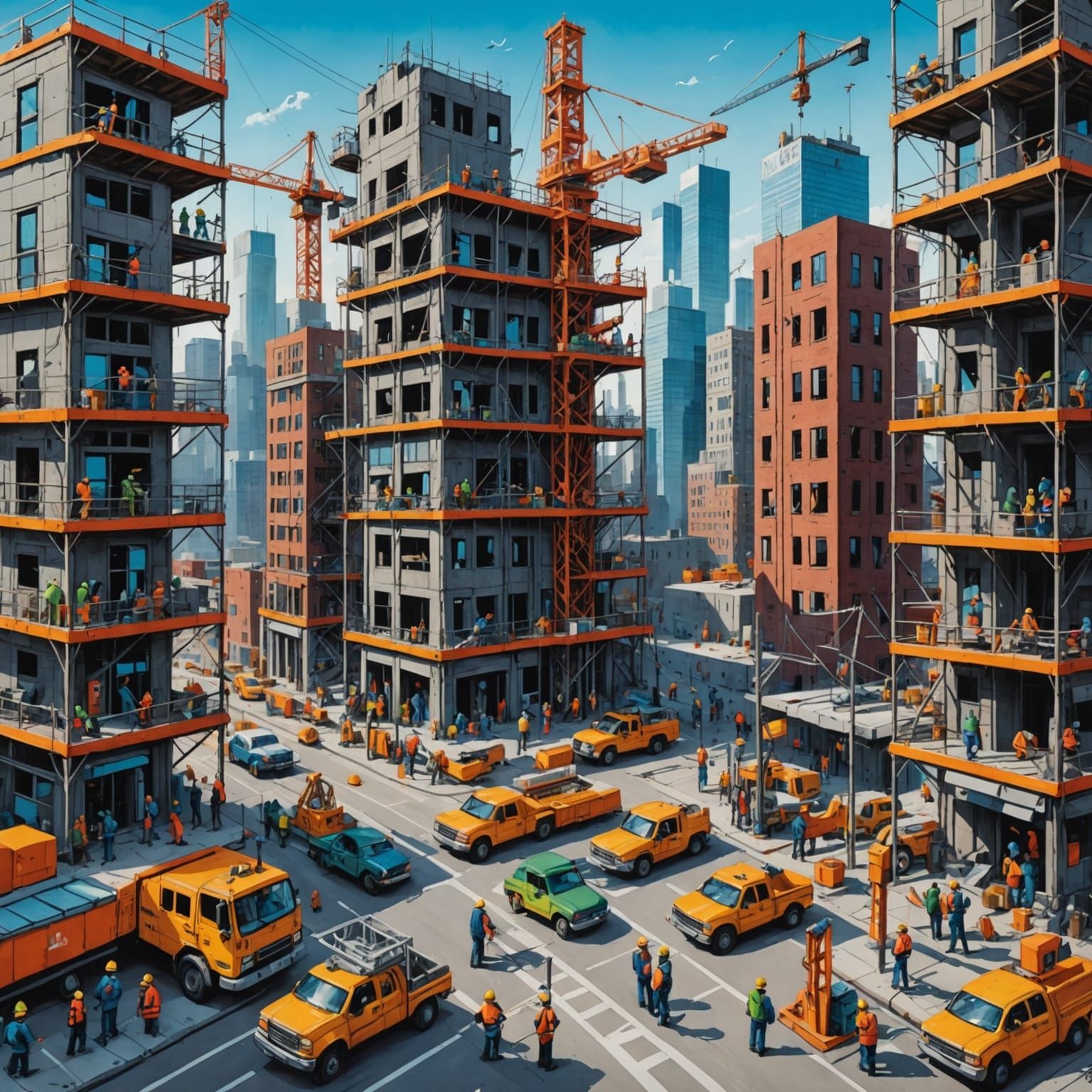 Vibrant Cityscape Under Construction: Hand-Drawn Illustratio...