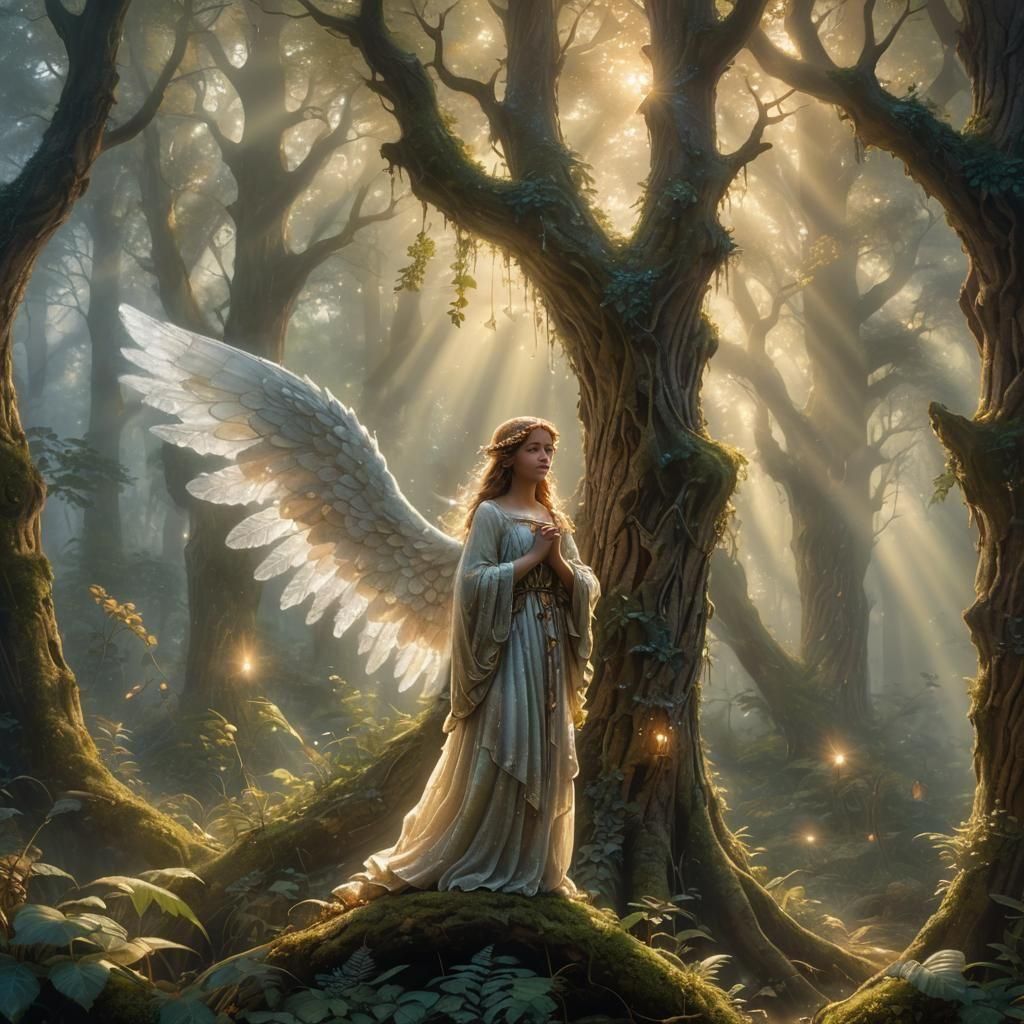 Ethereal Angel in a Misty Landscape