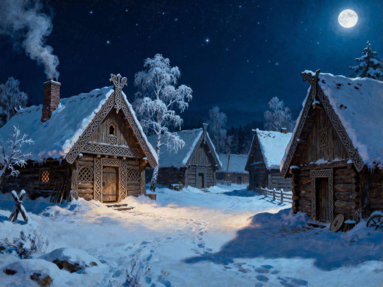 Old Norse Village Under Starry Winter Night