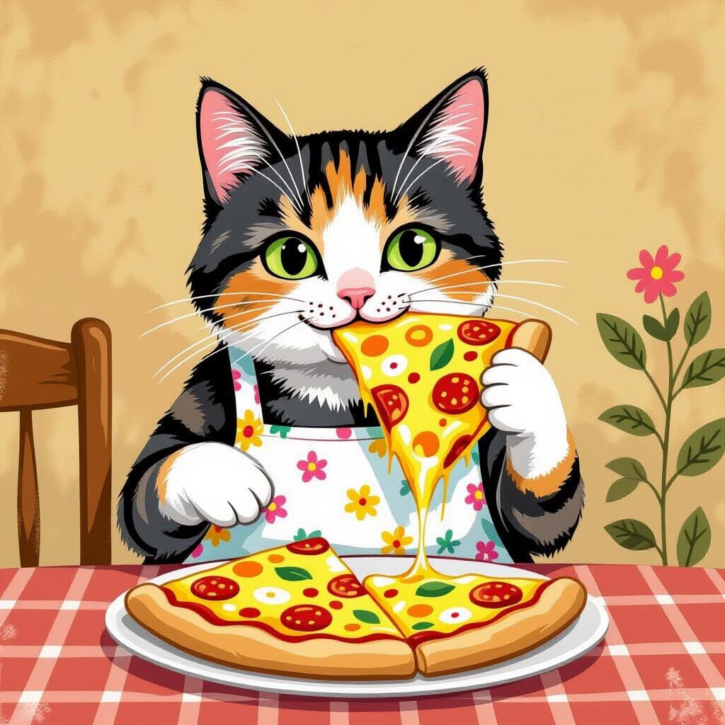 Cute Cat Enjoying Pizza, Illustrated Style