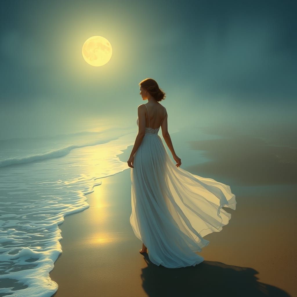 Ethereal Woman Strolls Along Moonlit Beach in Art Nouveau St...