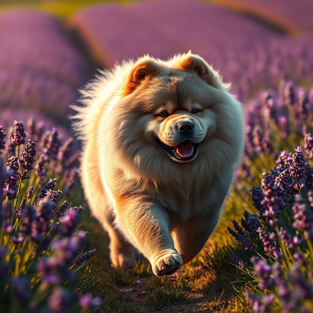 Majestic Chow Chow Runs Free in Lavender Bliss