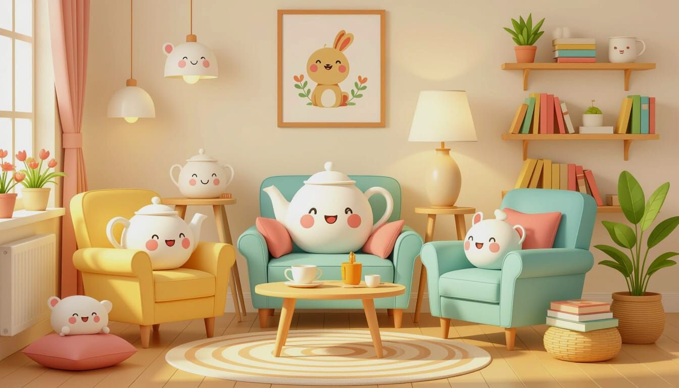 Whimsical Home Interior with Smiling Objects in Storybook St...