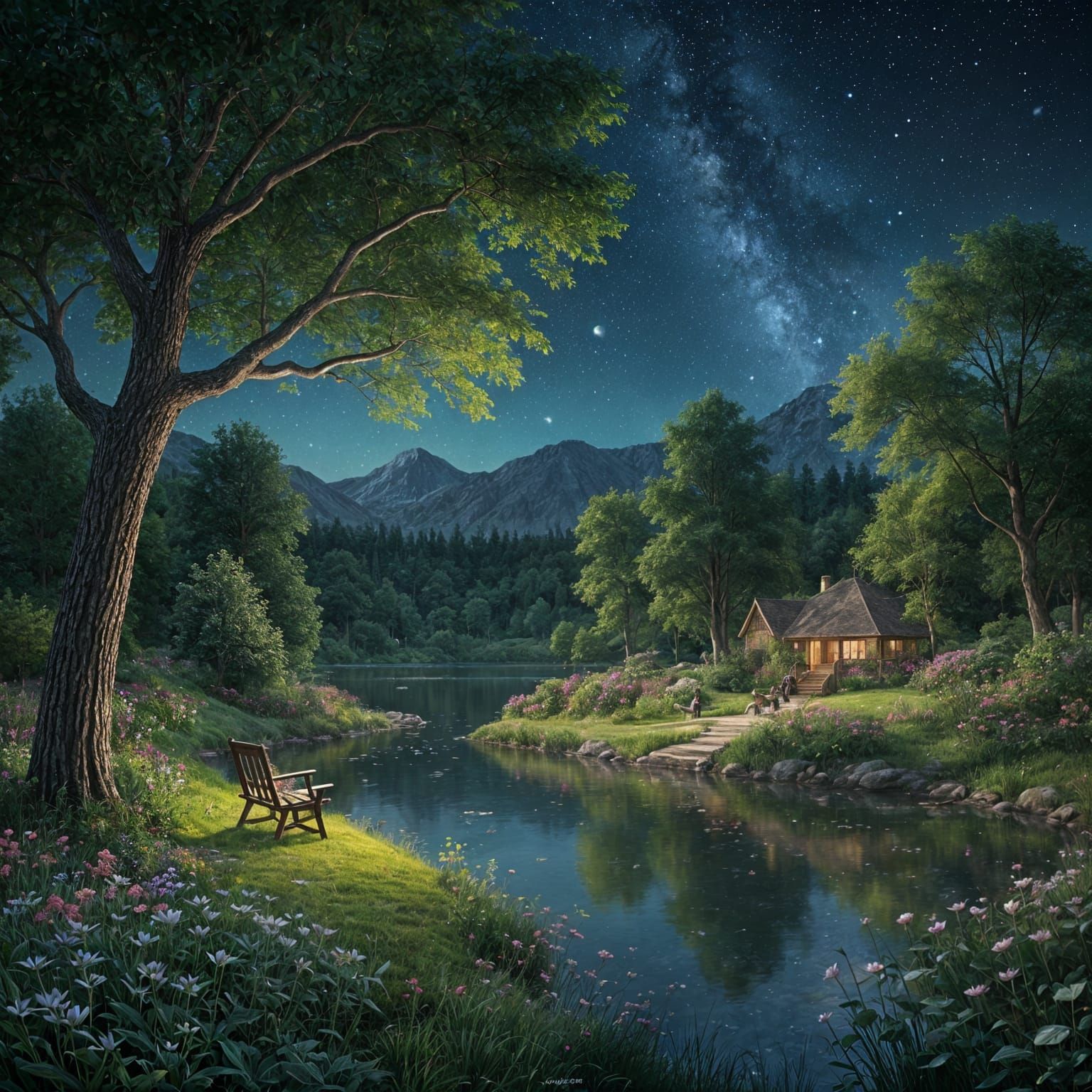 Magical Glowing Garden Oasis at Night in Gouache Style