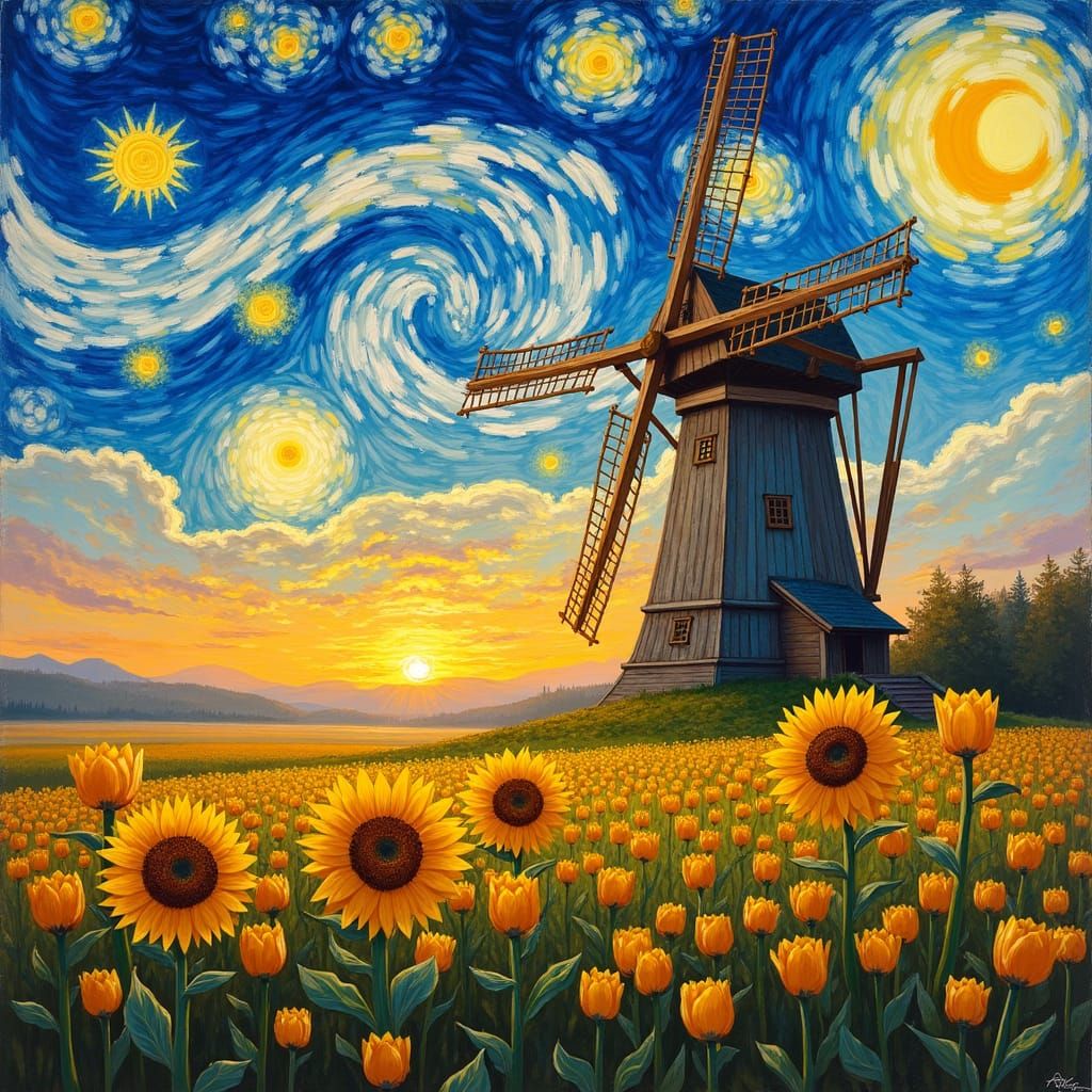 Starry Tulip Field at Sunset: Impasto Oil Painting