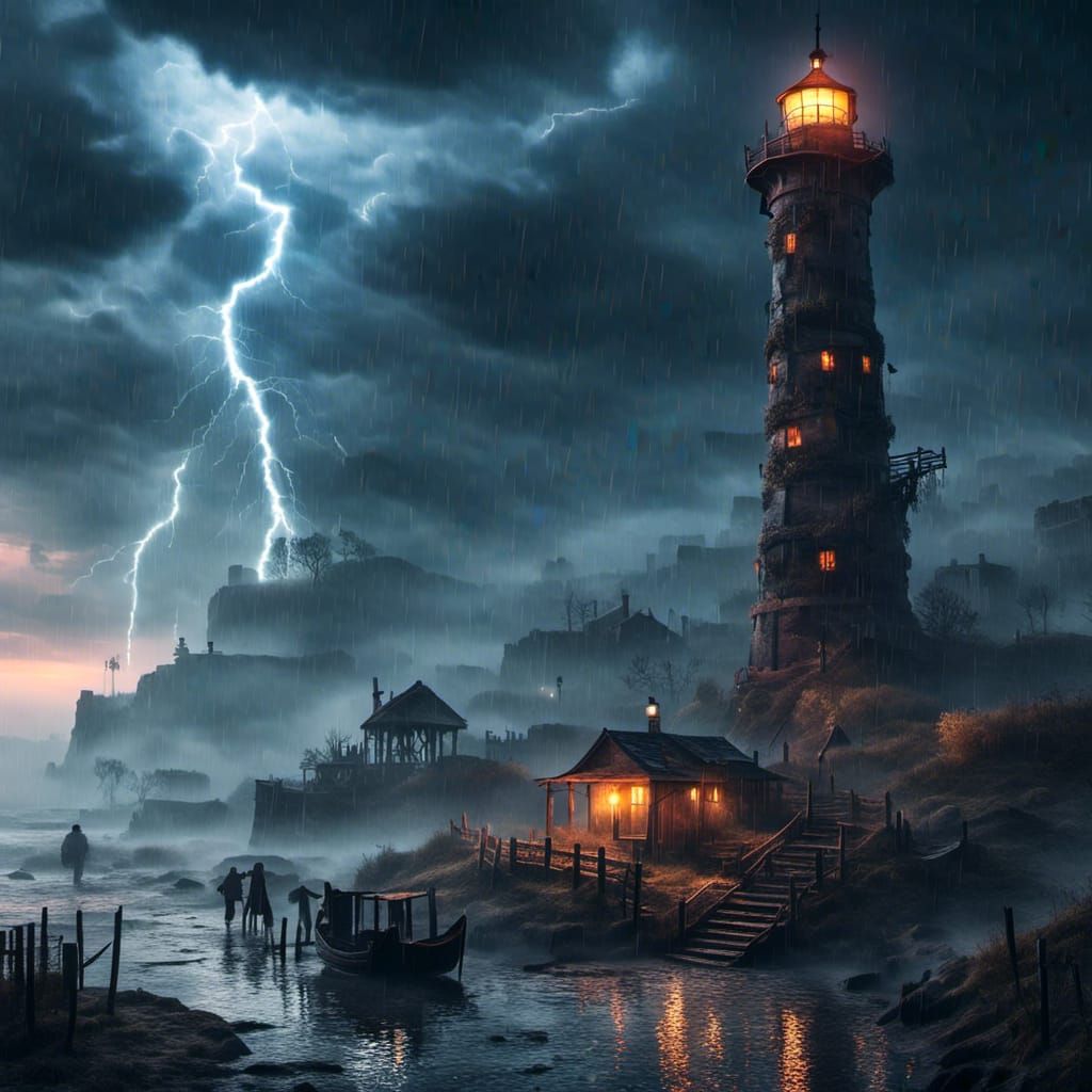 Misty lighthouse in a lightning storm
