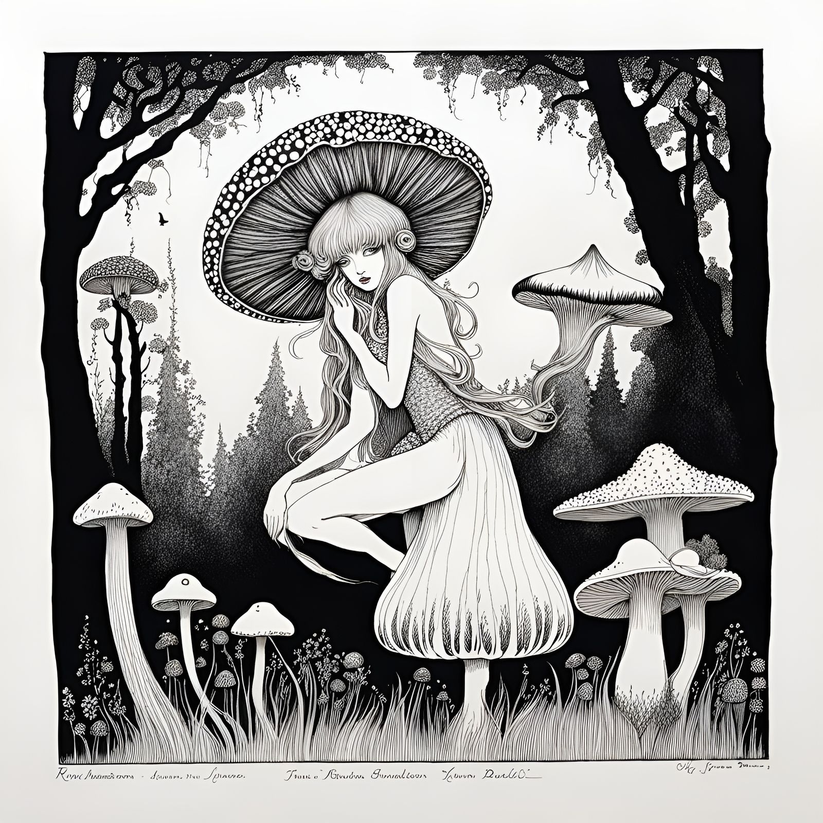 Mushroom Fairy in India Ink Style