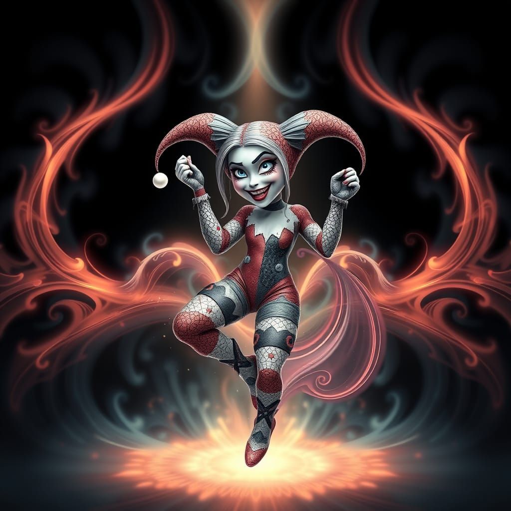 Harley Quinn in a Dark Smoky Fire Background, in a Fractal V...