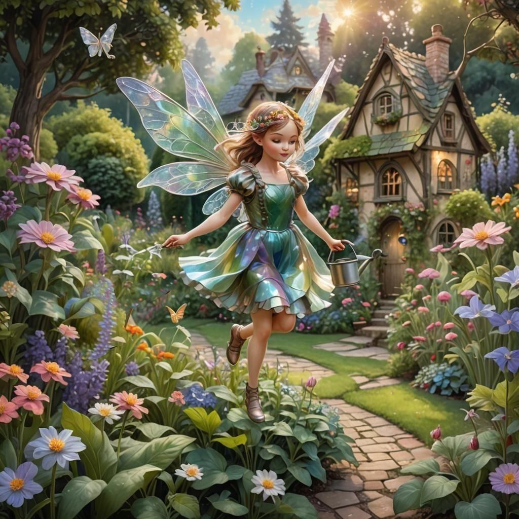 Iridescent Fairy Girl Watering a Lush Garden
