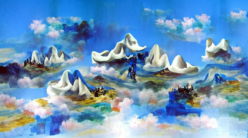 Floating Mountains in Blue Sky with Swirling Clouds