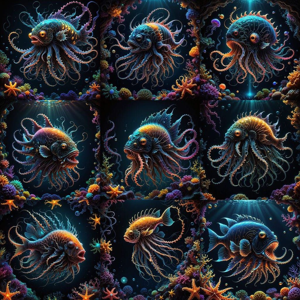 Vibrant Oceanic Fractals in Cubist Geometric Style