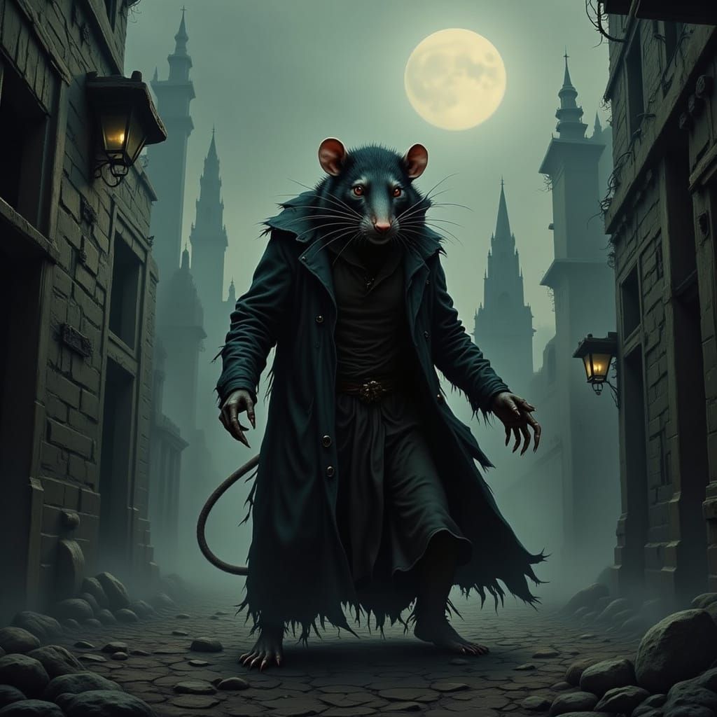 Dystopian Rat Man Skulking in Shadowy Alley