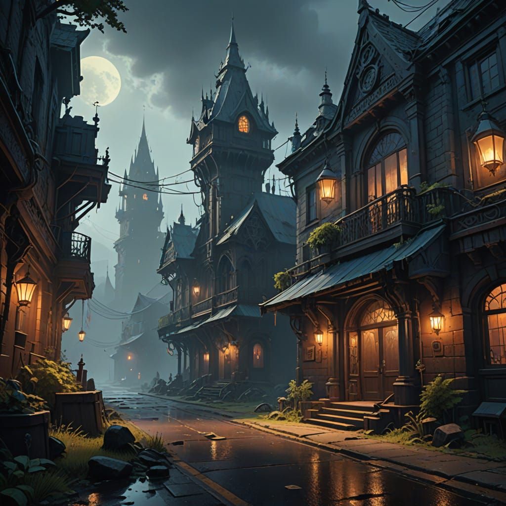 Gothic Club Emerging from Fog on a Lonely, Lantern-Lit Stree...