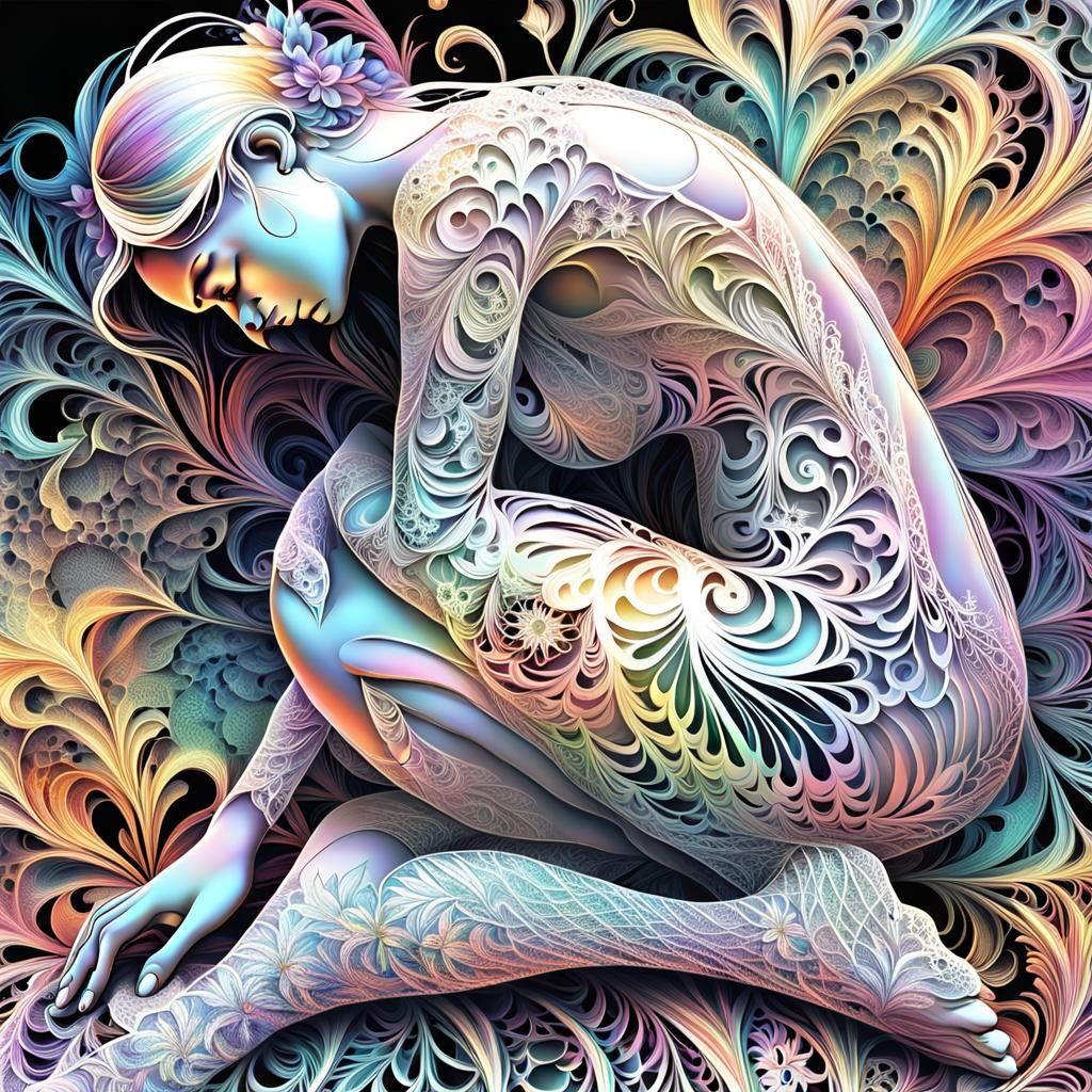 Angelic Woman in Agony with Pastel Floral Lace