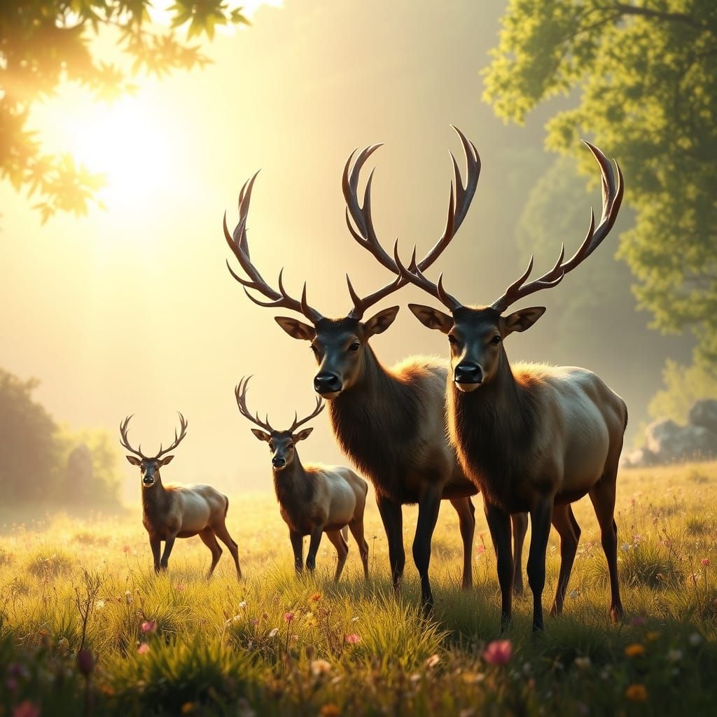 Irish Elk Family Grazing in Sun-Dappled Meadow