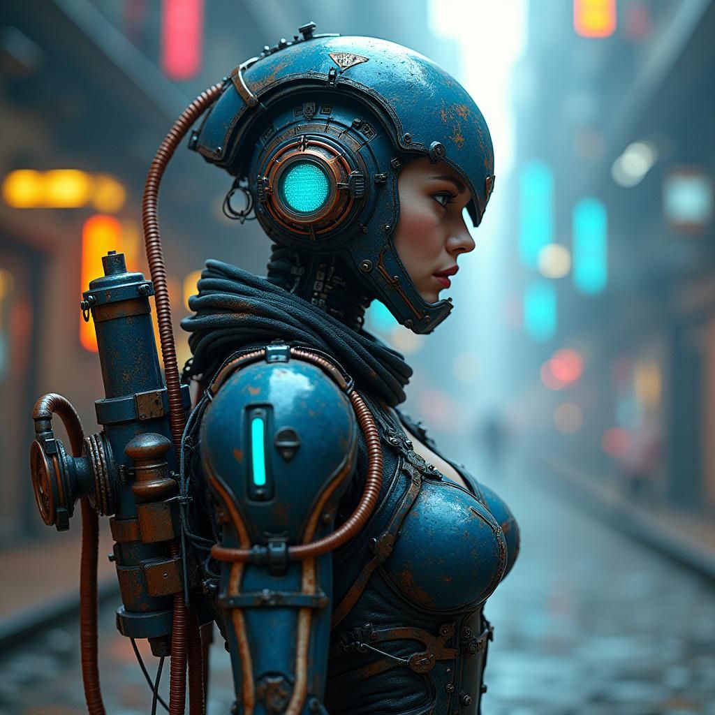 Futuristic Woman in Mechanized Copper Attire