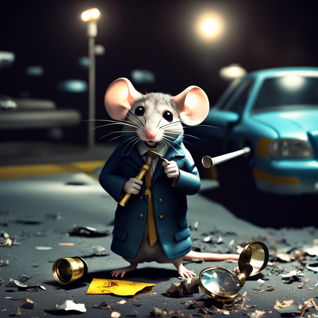 Hyperrealistic Mouse Detective Investigates Crime Scene
