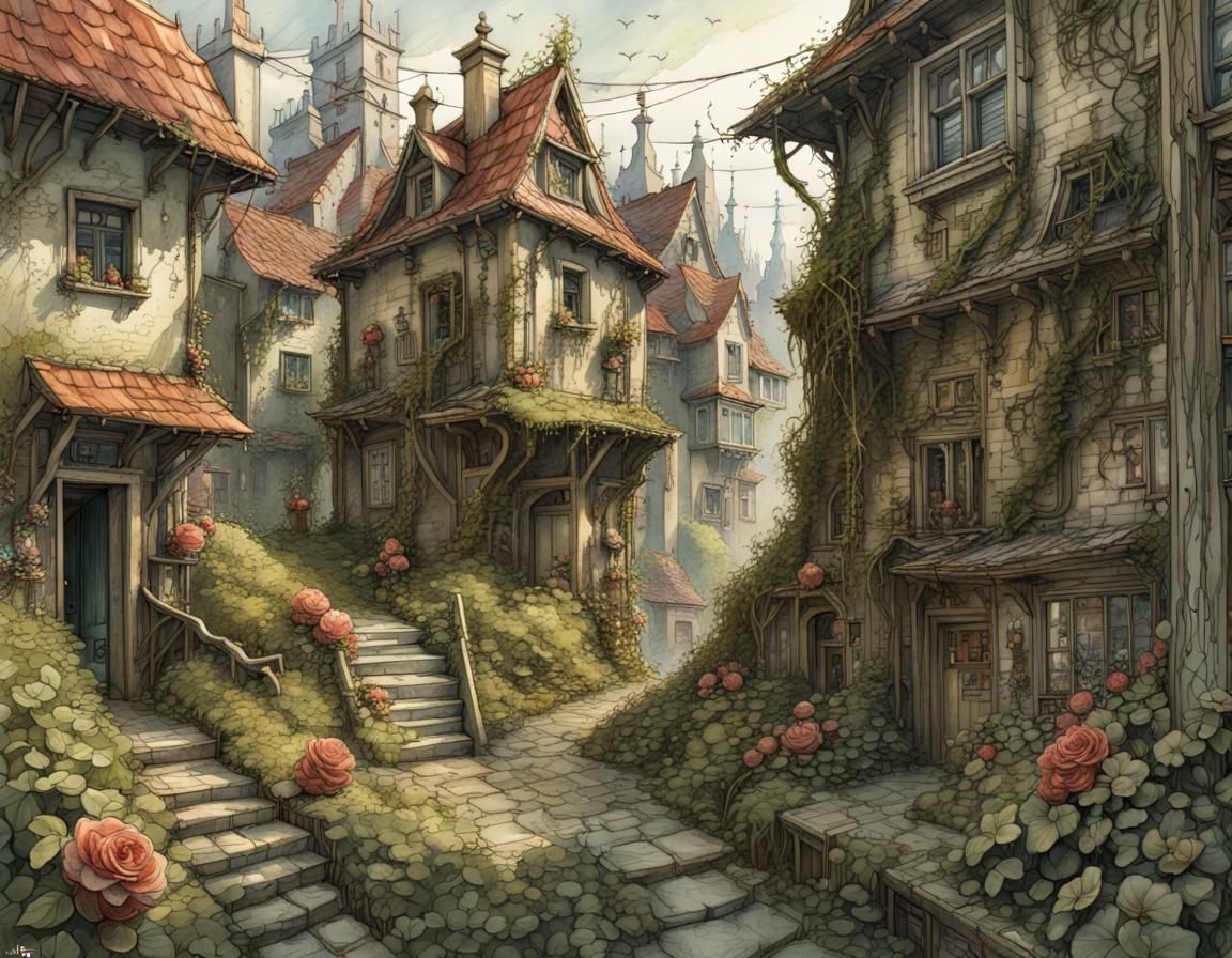 Lush Cityscape: Overgrown in Watercolor Style