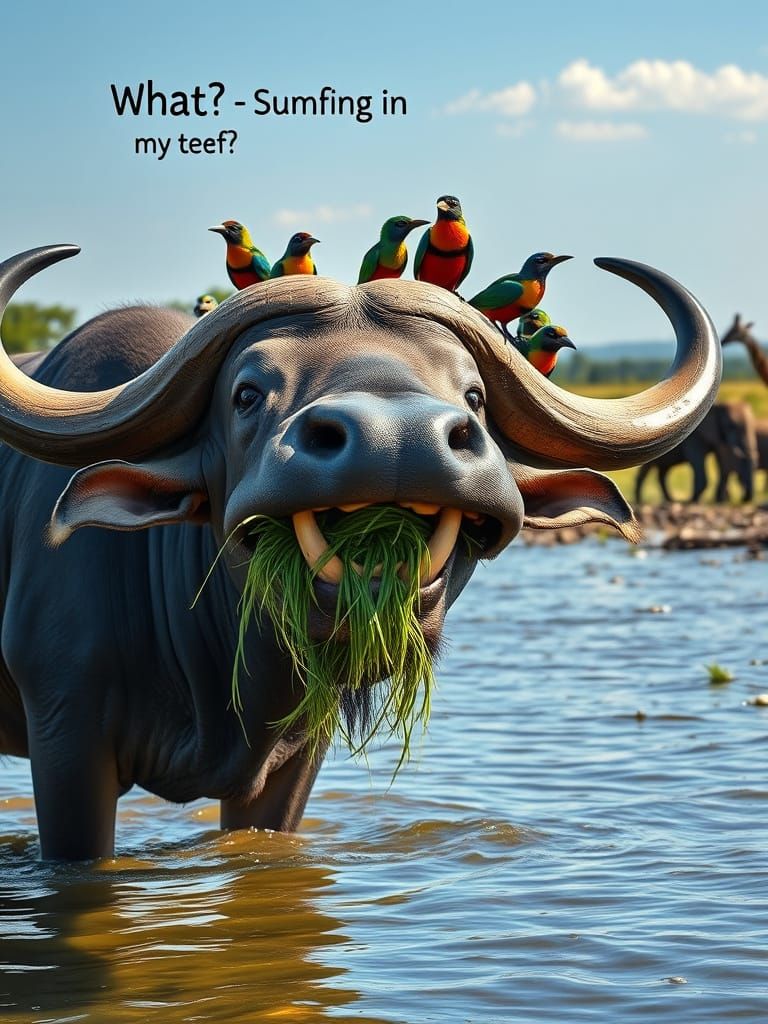 Giant Horned Water Buffalo in Serene River Landscape