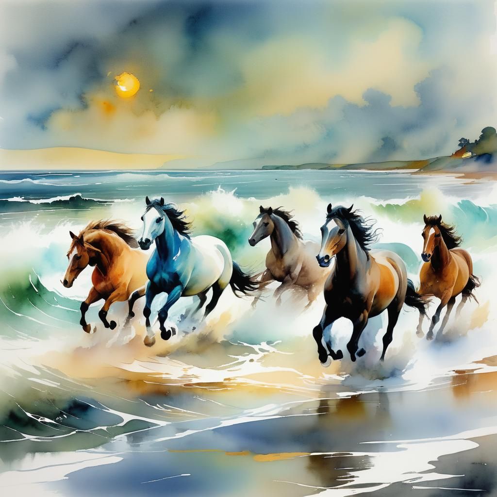 Horses Galloping on Misty Shore in Impressionist Style