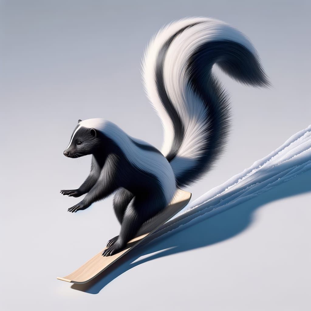 Anthropomorphic Skunk Skis Down Snowy Slope