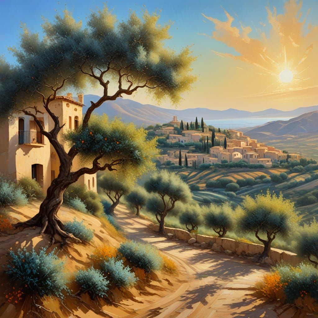 Mediterranean Village Landscape in Oil on Canvas