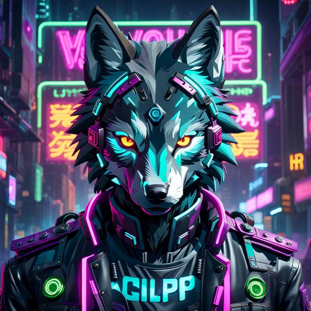 Neon Cyberpunk Wolf with Geometric Ornamentation
