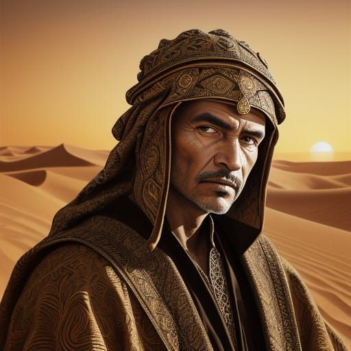 Beduin Watching Desert Sunset in Art Nouveau Style