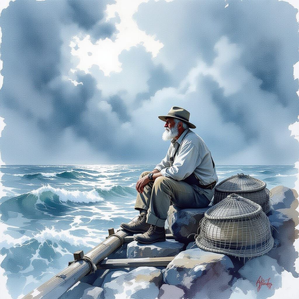 Fisherman on Raft in Stormy Sea, Watercolor Style