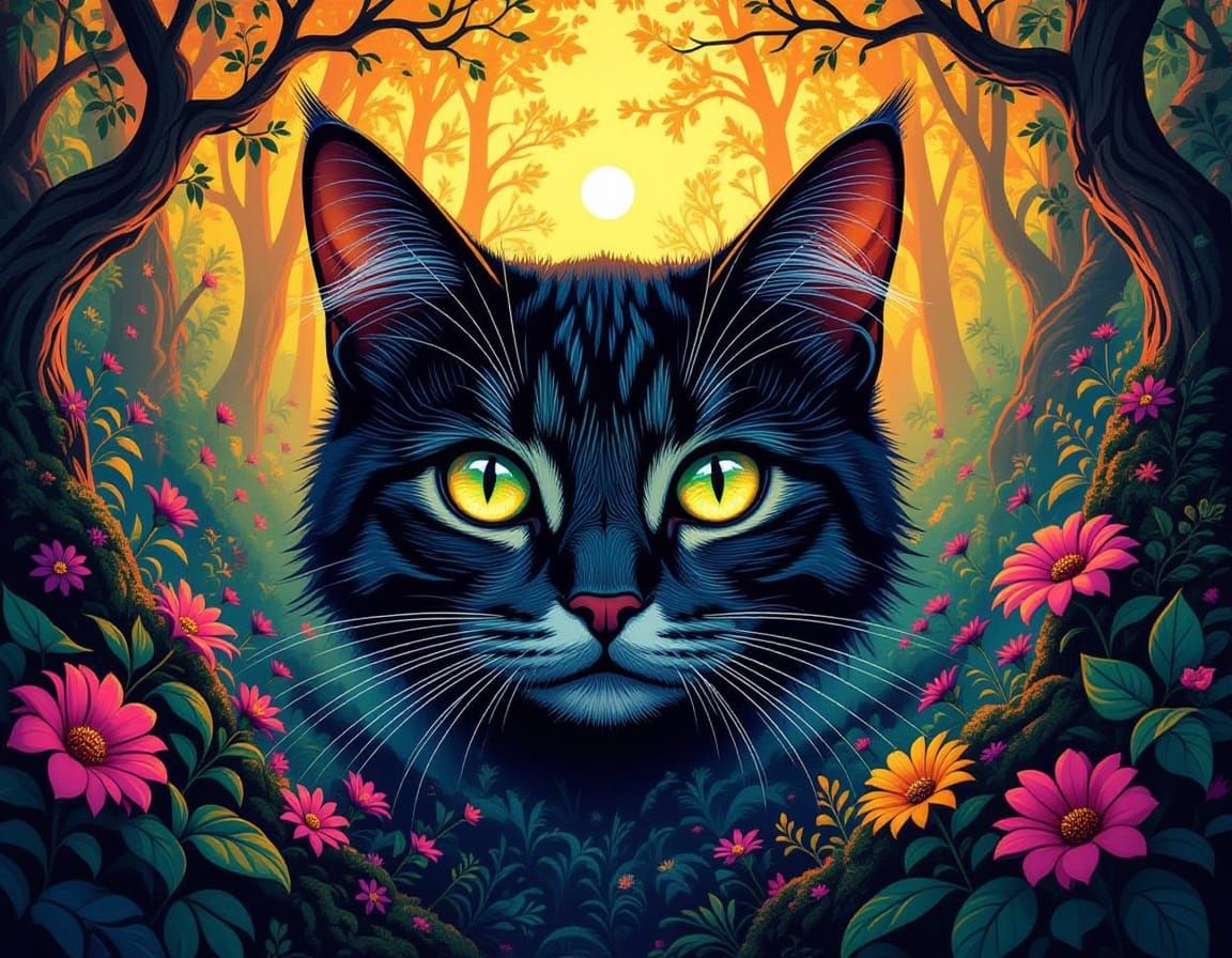Surreal Feline Face Emerges From Vibrant, Dreamlike Forest