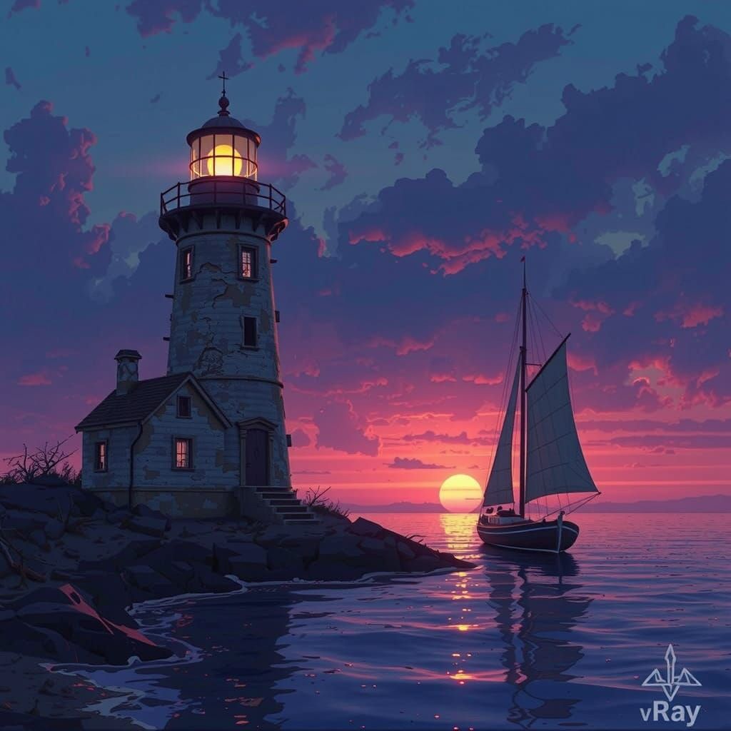 Eerie Lighthouse Sunset in Romantic Gothic Style