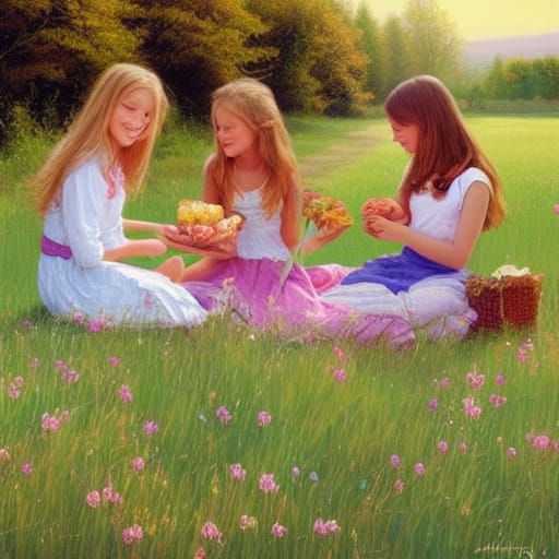 Beautiful flower meadow with girls having a picnic