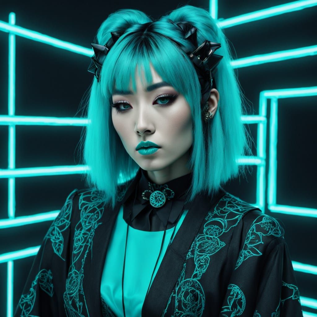 Japanese Gothic Girl in Turquoise: Synthwave Neon Retro
