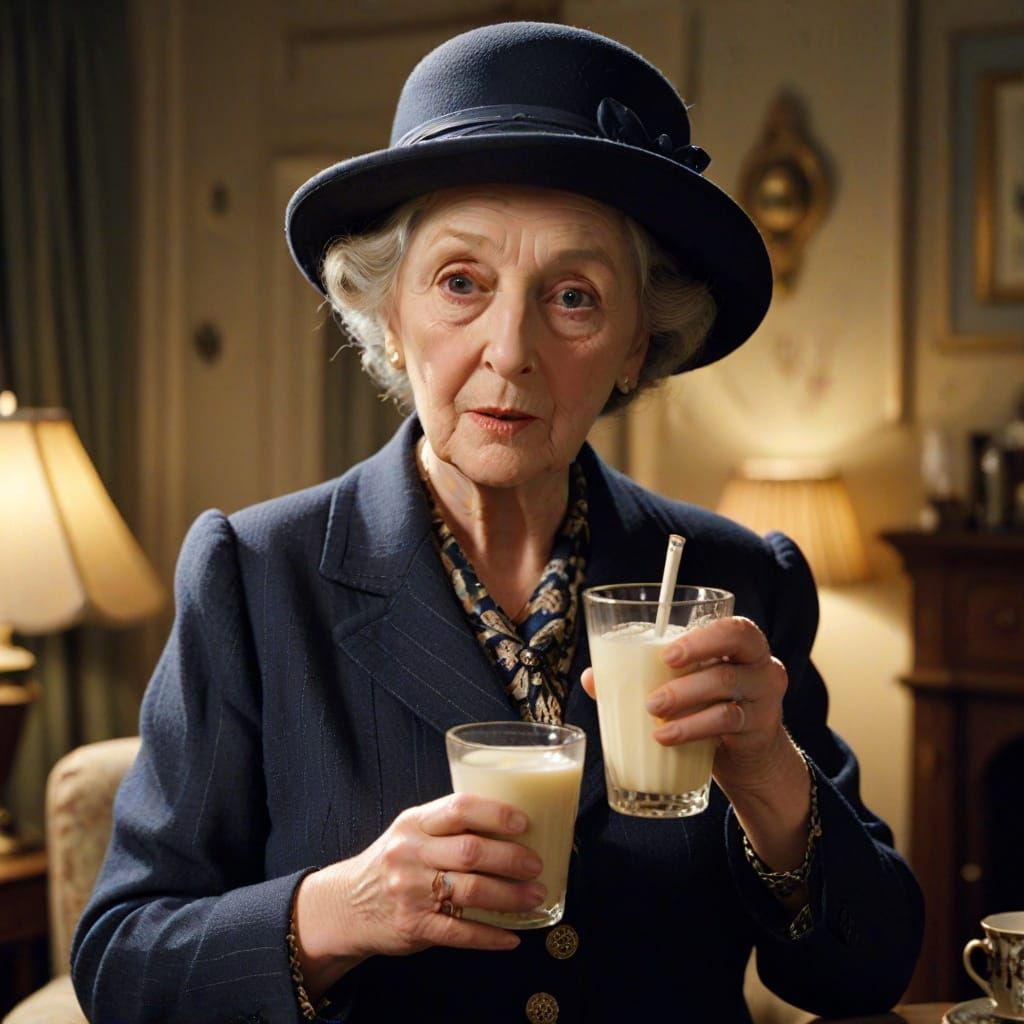 Joan Hickson as Miss Marple refusing to drink her milky drink which was poisoned