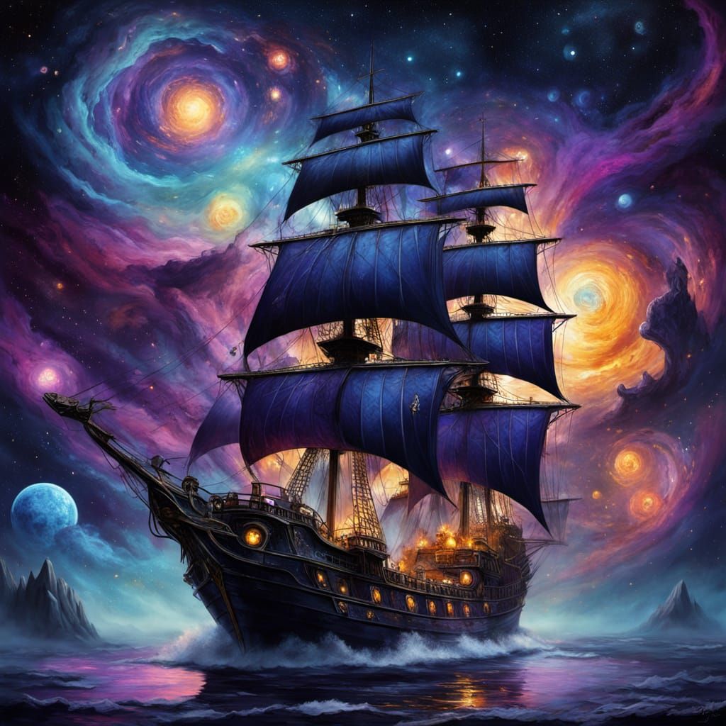 Cosmic Pirate Ship Sails Nebulae in Dark Fantasy Art