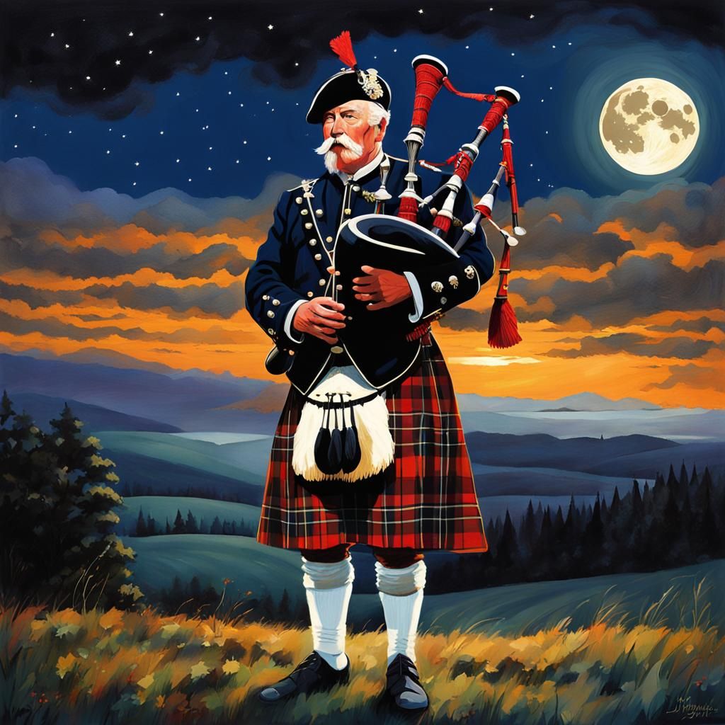 Scottish Piper Plays Under Moonlight in Plaid