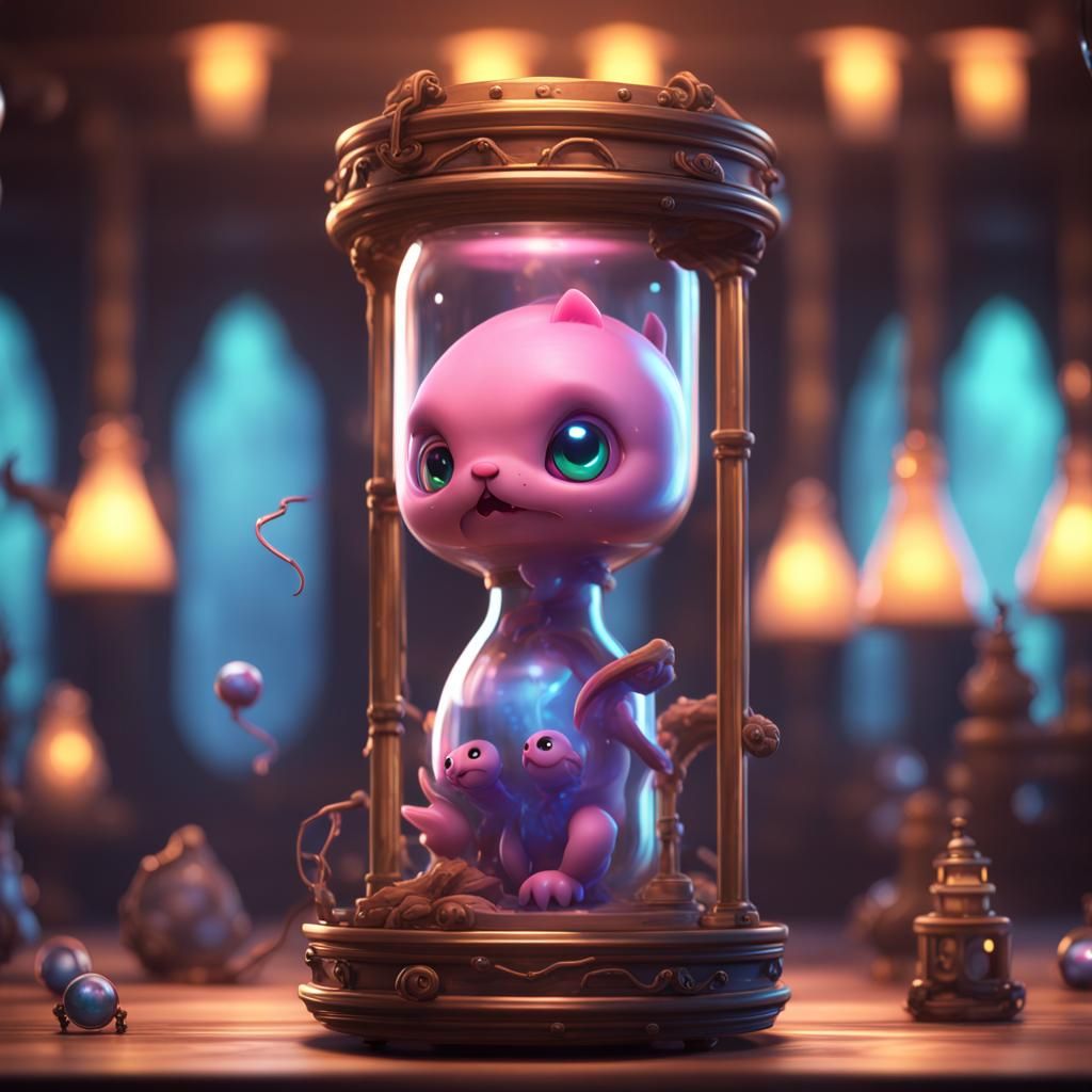 Glowing Chibi Creature Trapped in Hourglass