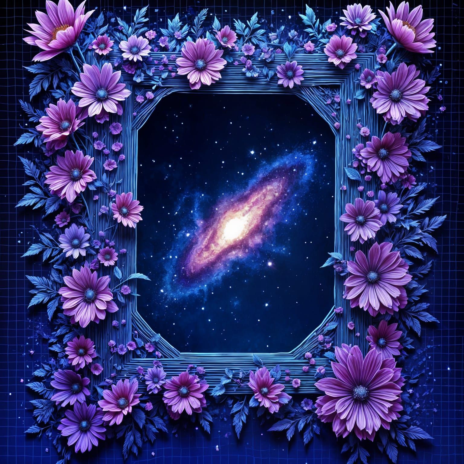 Glitchbloom Floral Design with Metallic Grid