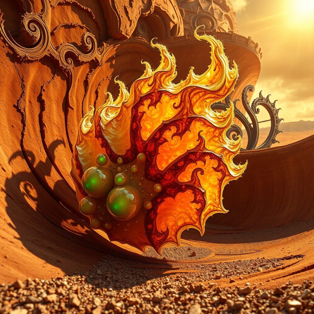 Ancient Desert Flame Fractal in Steampunk Landscape