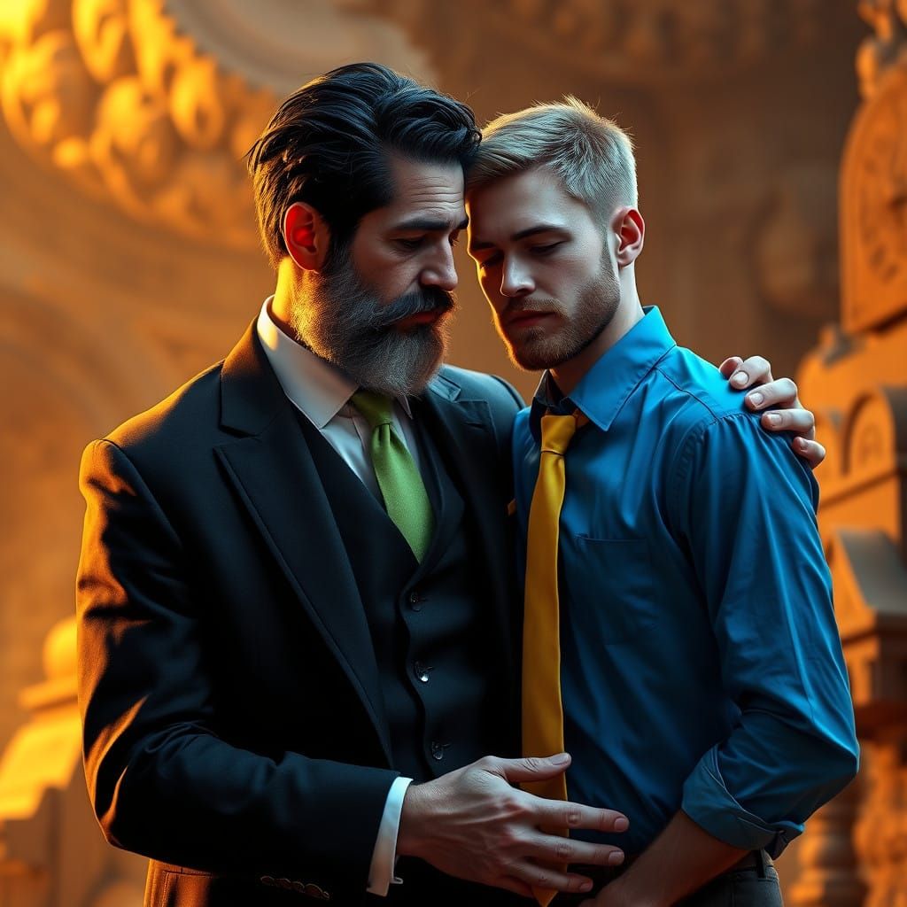 Comforting Gentleman in Rich Fantasy Landscape