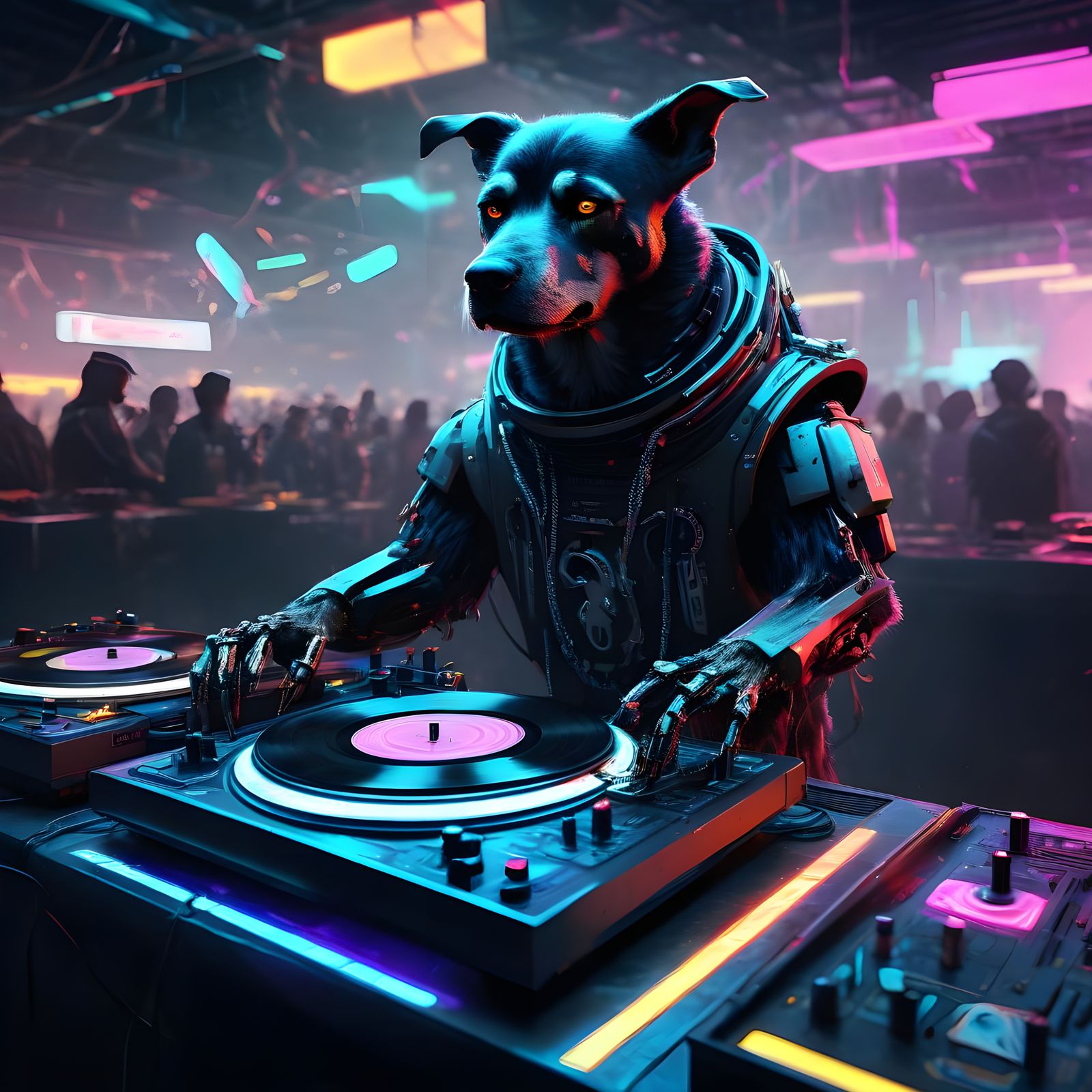 Cybernetic Rotweiller DJ in Cyberpunk Style