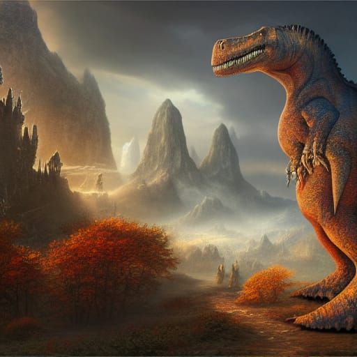 Epic fantasy landscape autumn. weird. abstract. Castle. Volcano. Strange beasts. 8k resolution concept art detailed matt...