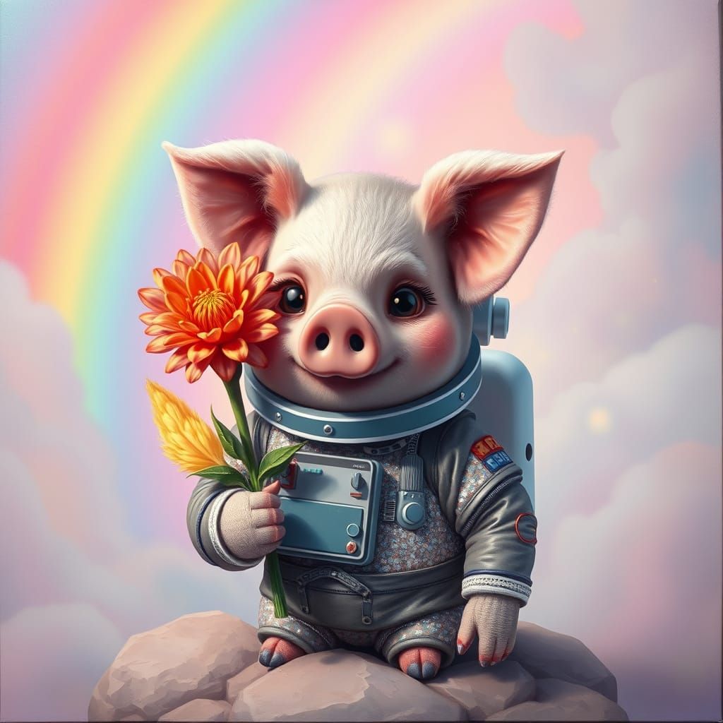 Astronaut Pig in Vibrant Oil Painting