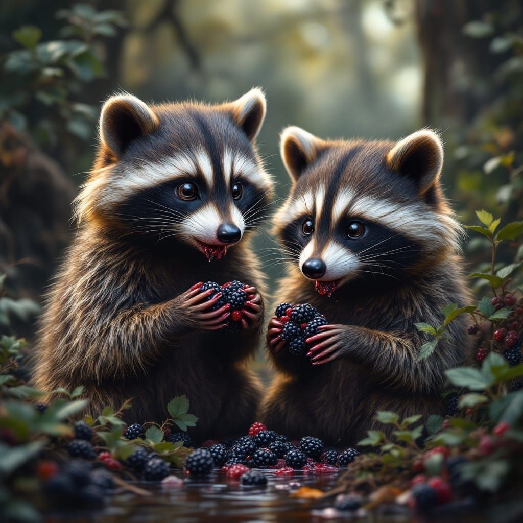Fluffy Raccoons Feast on Blackberries in Fantasy Forest