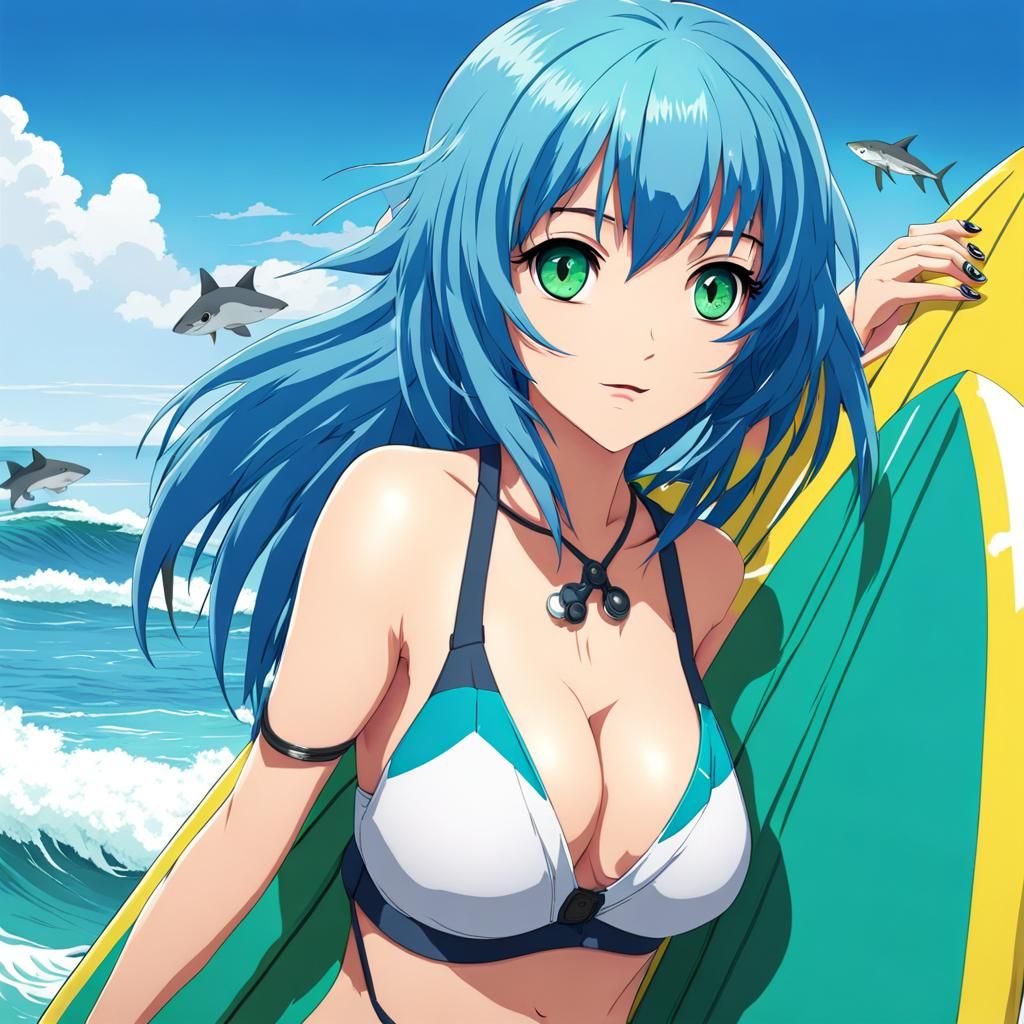 Anime Girl with Surfboard and Sharks in Ocean