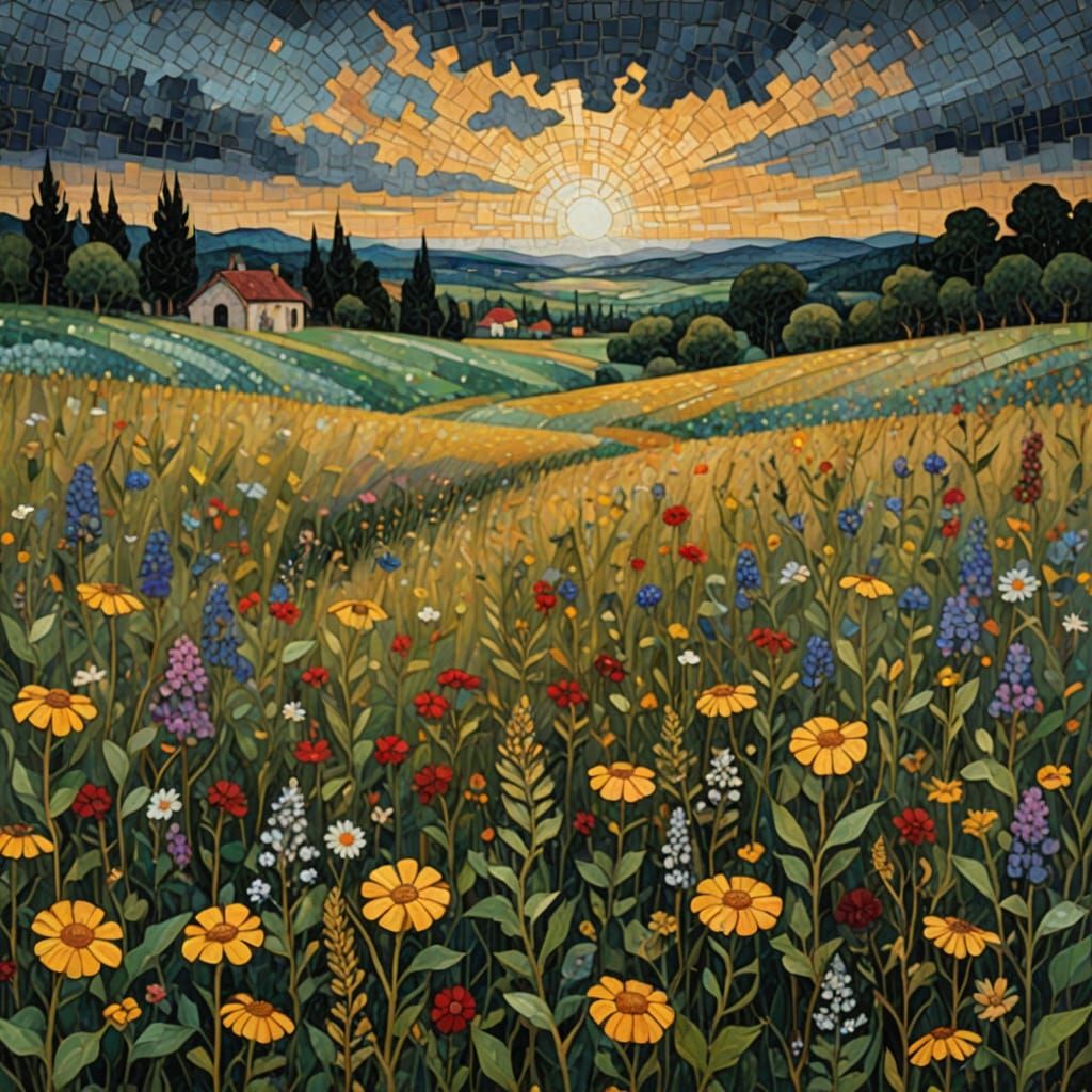 Wildflowers in Summer Rain: Klimt-Inspired Mosaic