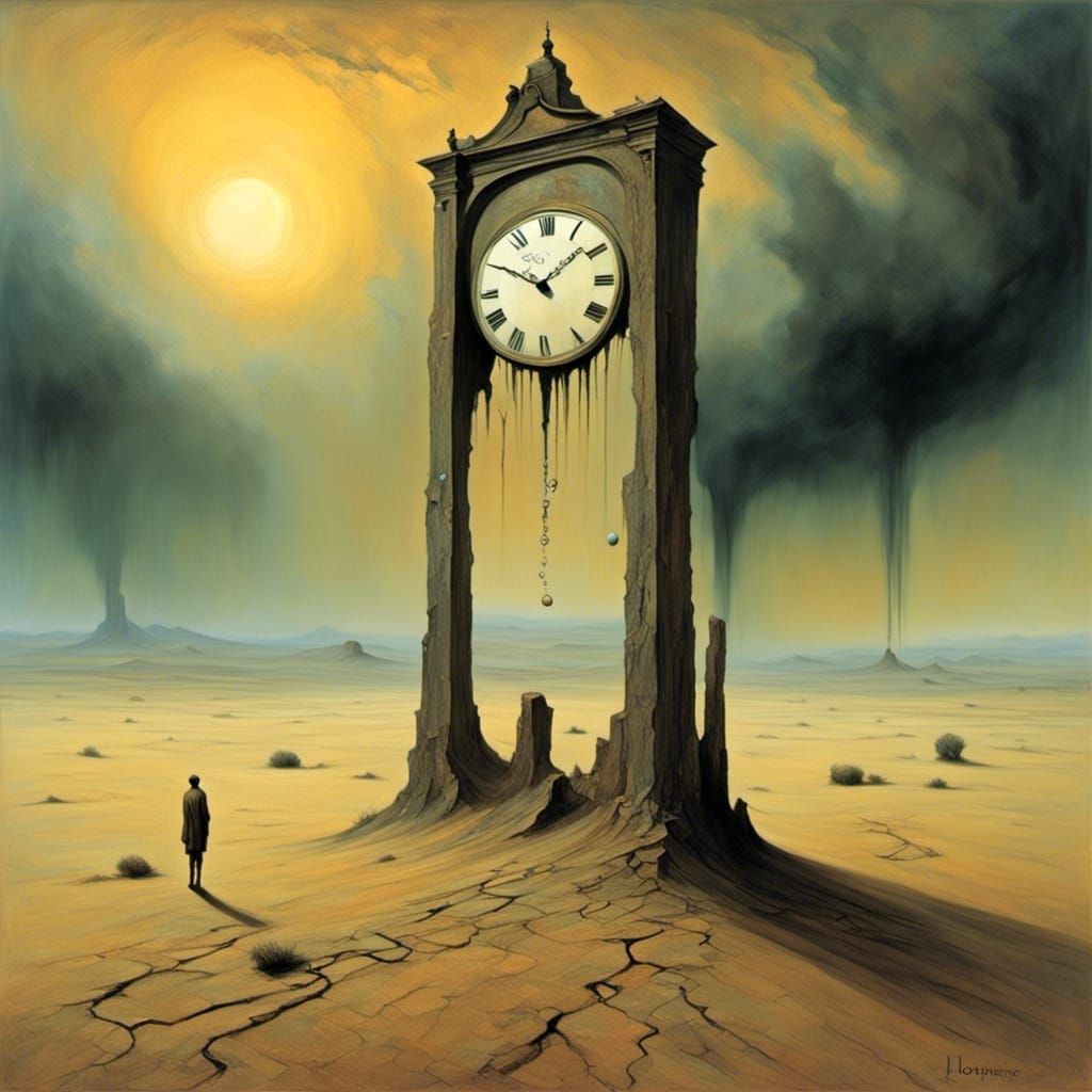 Surreal Clock Melts in a Beksinski-Inspired Desert